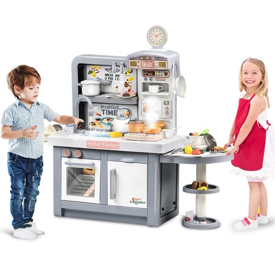 play kitchen with accessories Niche Utama Home Large Pretend Play Kitchen Toys with Sink, Role Play Kitchen Playset, Pot  and Pan, Cooking Stove with Spray Realistic Light and Sound, Cutting Food,