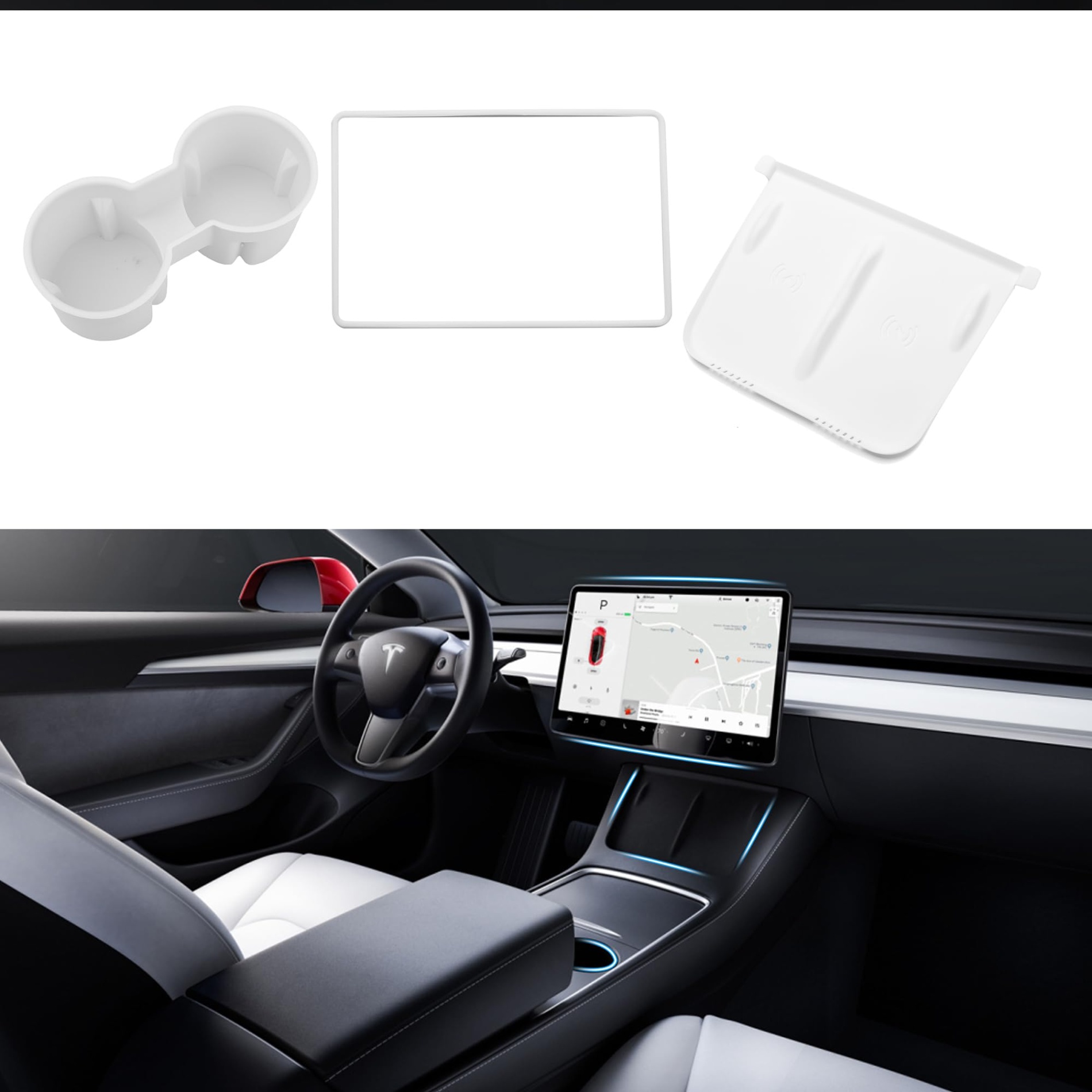 model 3 accessories Niche Utama Home PCS Tesla Model  Model Y Accessories -202 Cup Holder Insert, Screen  Edge Protector Frame, Wireless Charger Mat Silicone Center Console, Not for