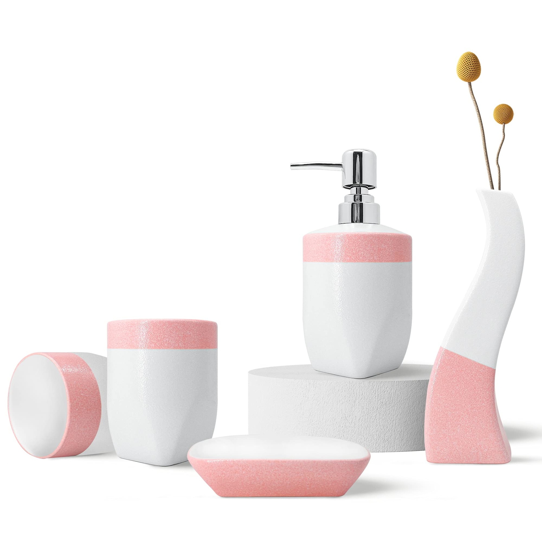 modern bathroom accessories Niche Utama Home Pink Bathroom Accessory Set  Pcs, Including Hand Pump Soap Dispenser, Soap  Dish, Toothbrush Holder and Vase,for Modern Bathroom Décor (Pink)