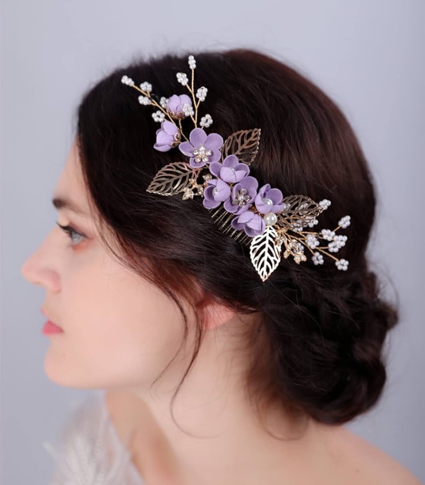 hair accessories for wedding party Niche Utama Home Sither Flower Hair Clip for Wedding Purple Hair Comb for Women Hair  Accessories for Bride Hair Clip Headpiece for Wedding Party Prom Gift