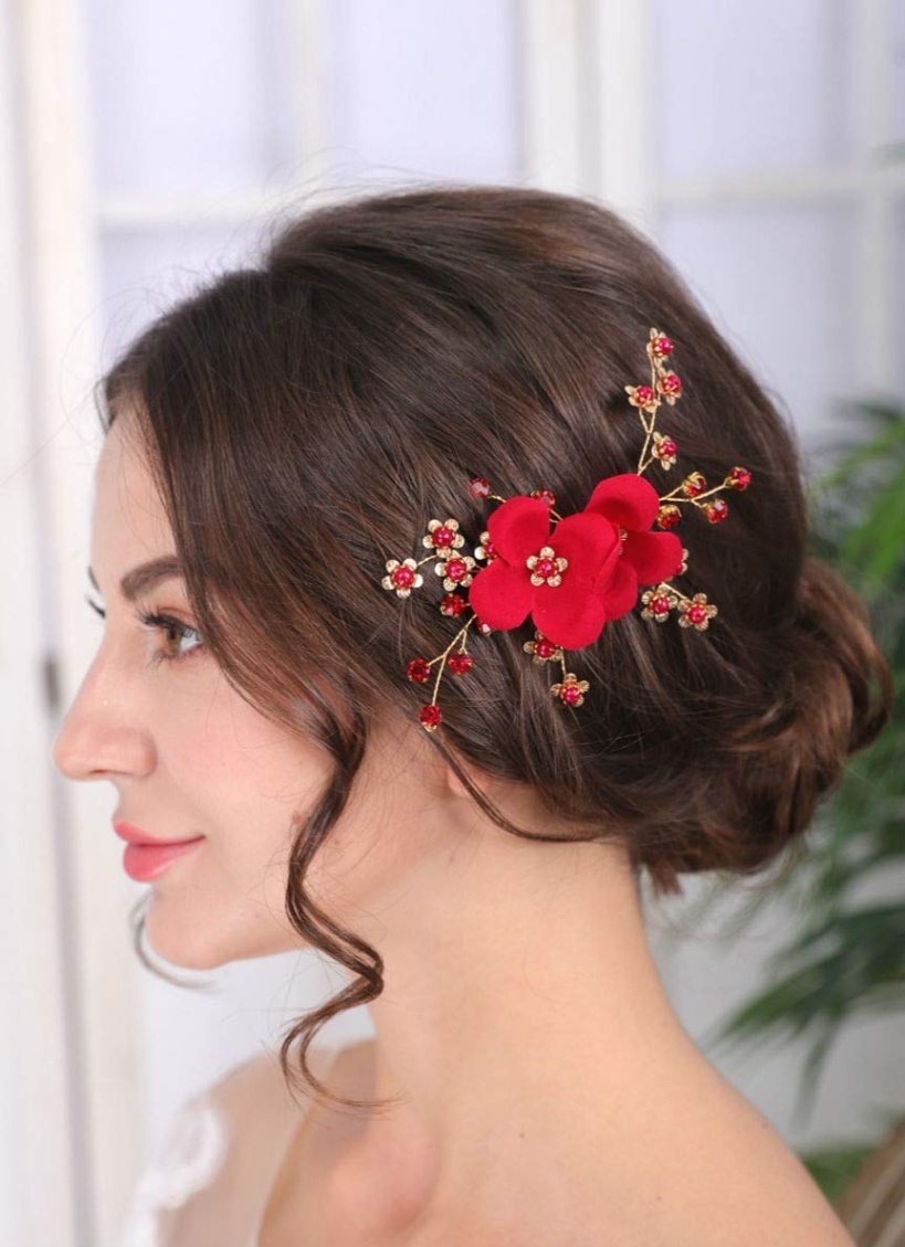 hair accessories for wedding party Niche Utama Home Sither Red Hair Clip for Bridal Floral Hair Comb for Women Wedding Hair  Accessories for Bride Hair Clip Headpiece for Wedding Party Prom Gift